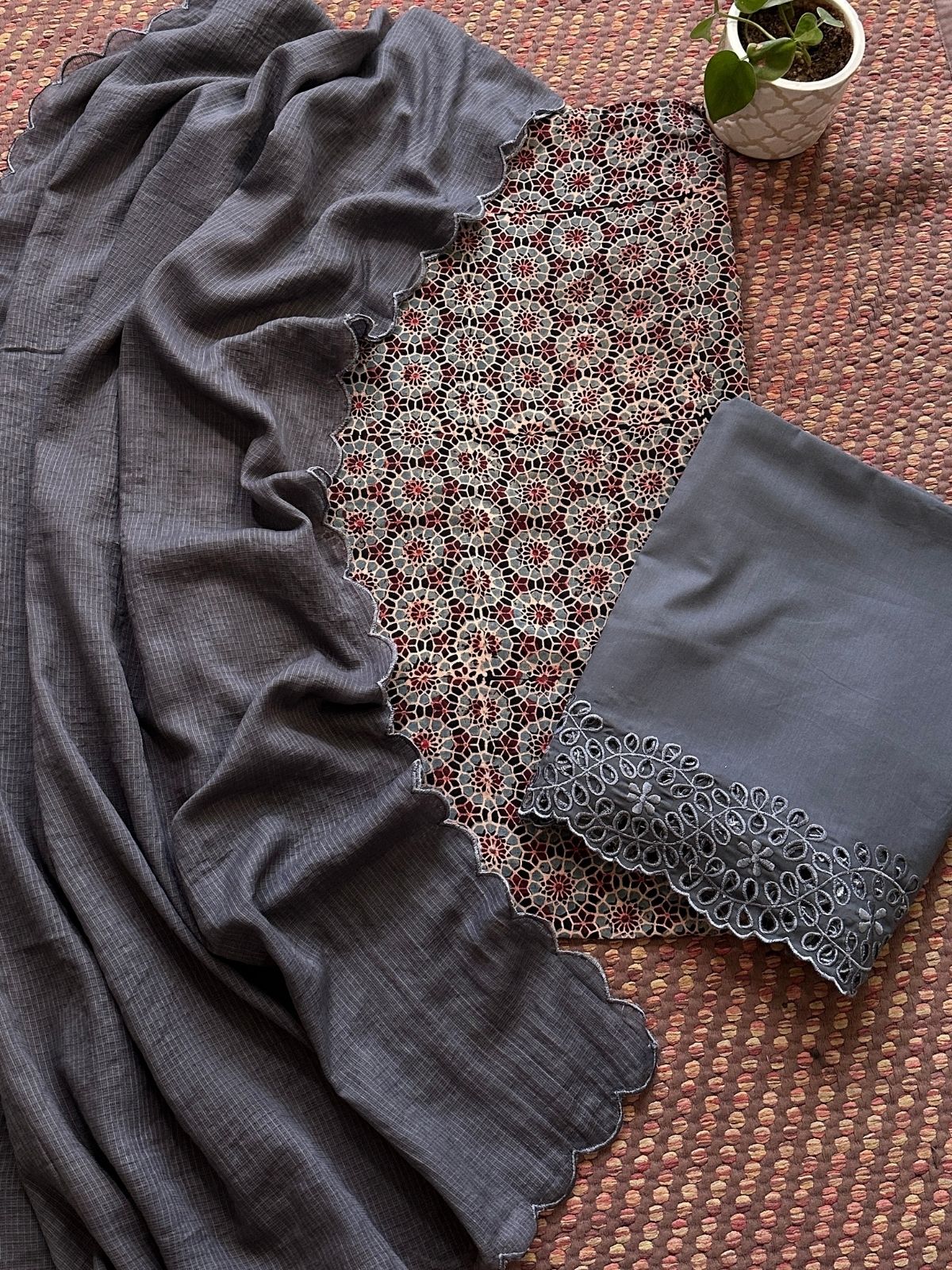 Pure Cotton Malmal  AjFabric with Exclusive Cutwork Bottom & Kota Doria Dupatta