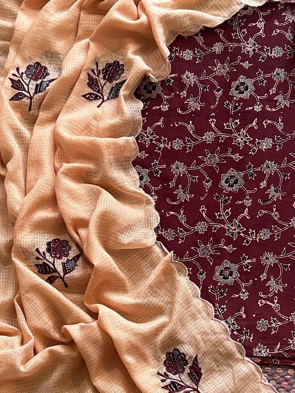Ajrakh Cotton Malmal Unstitched Fabric with Applique Kota Dupatta