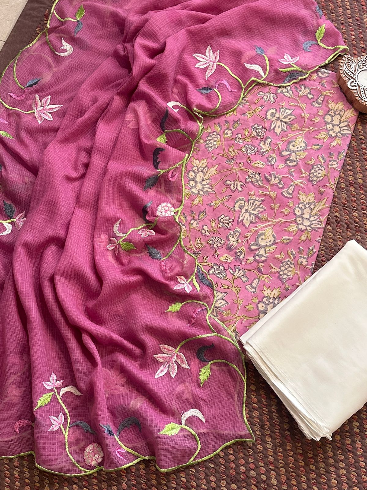 Pure Cotton Hand-blocked Fabric with Embroidered Dupatta