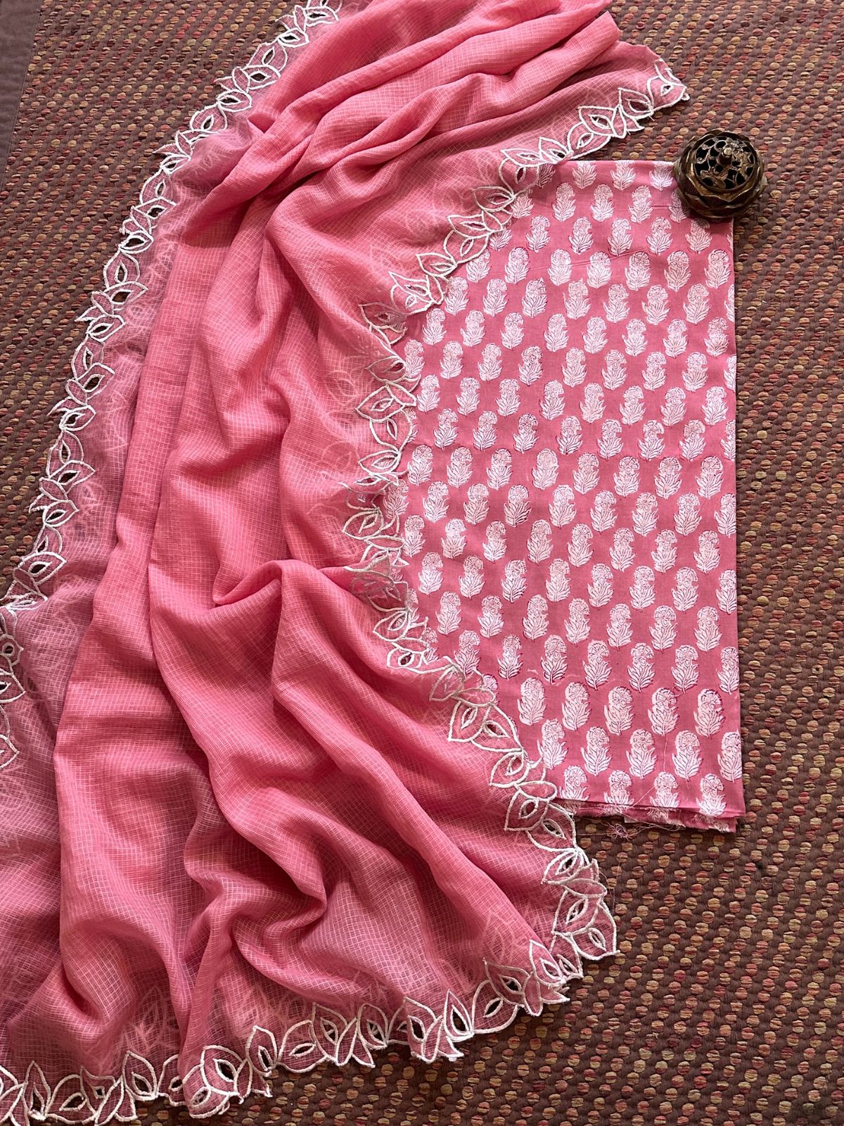 Pure Cotton Handblock Fabric with Cutwork Embroidered Dupatta