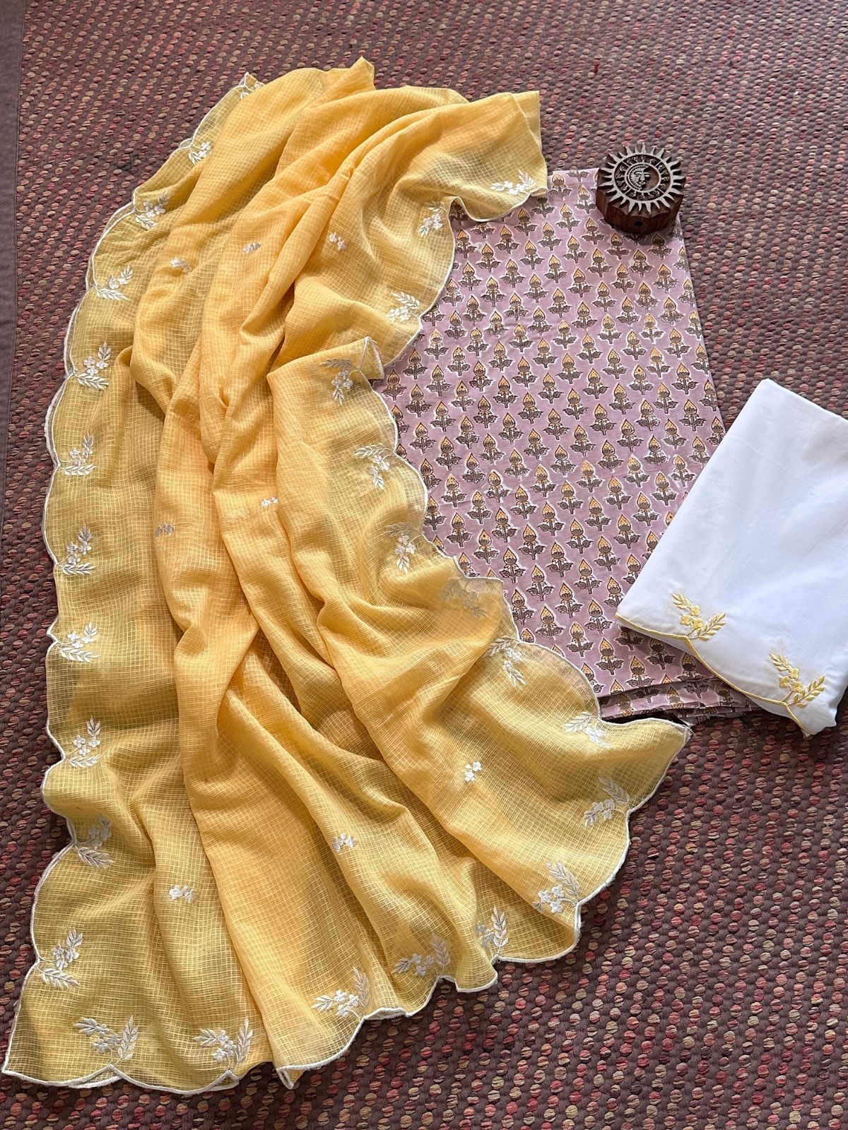 Pure Cotton Hand-block Fabric with Embroidered Bottom & Kota Doria Dupatta