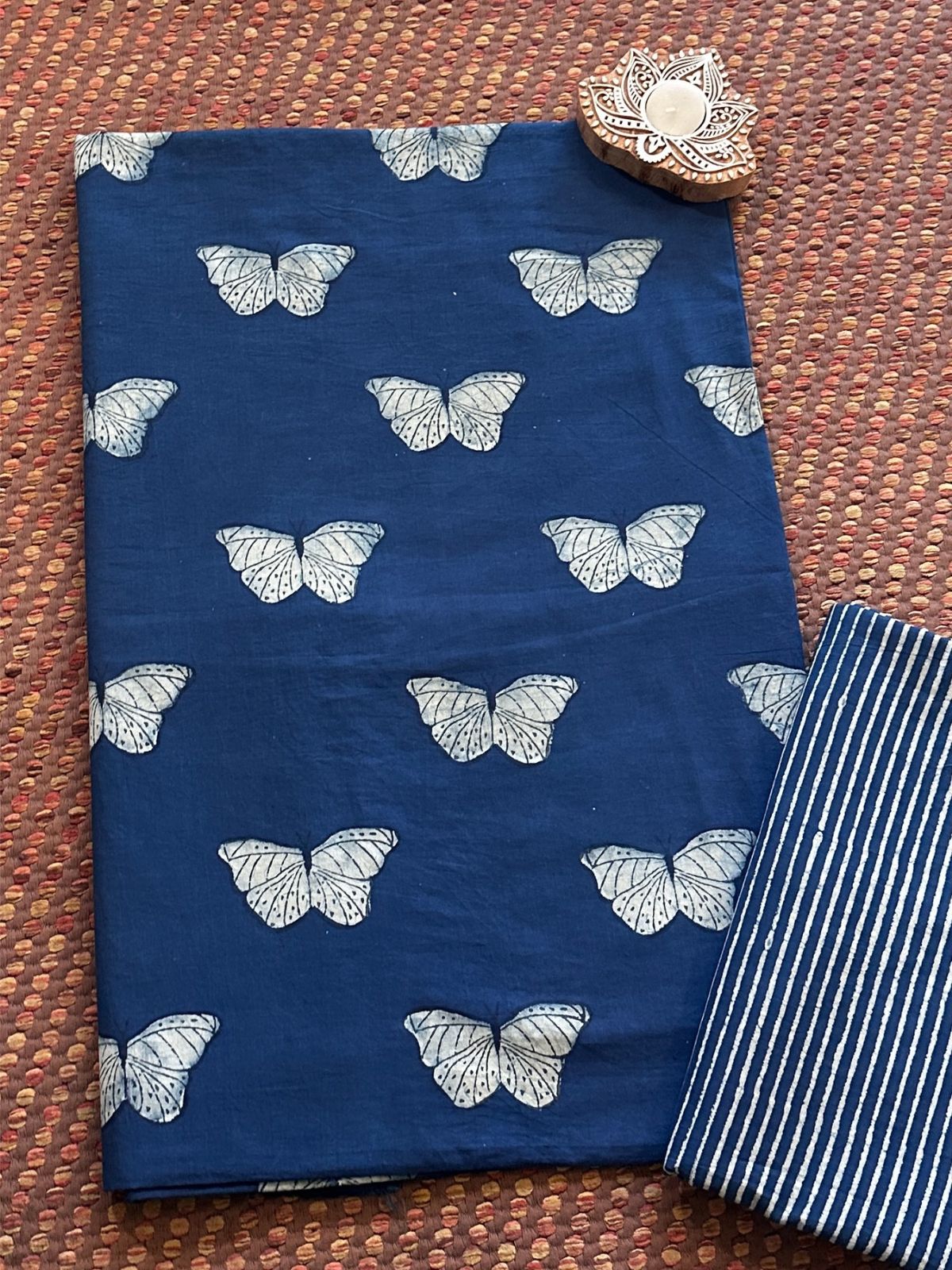 Pure Cotton Indigo Handblocked Fabric Unstitched Set- Top & Bottom