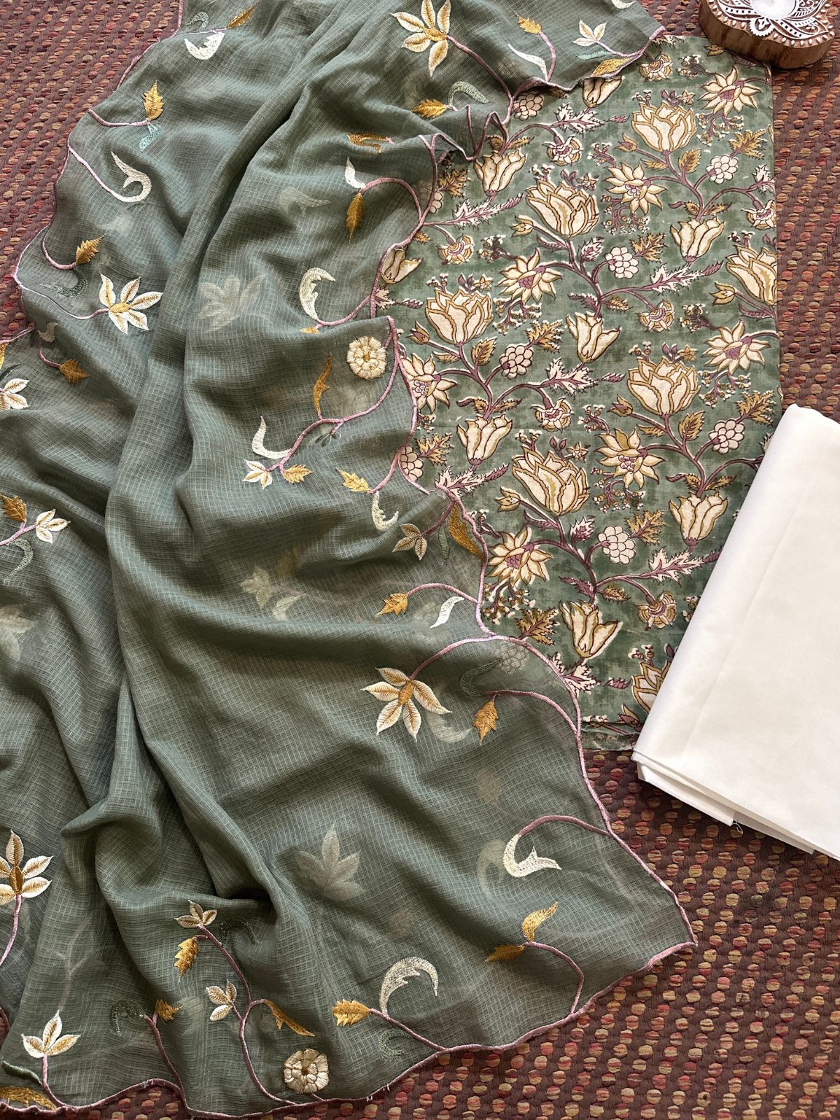 Pure Cotton Hand-blocked Fabric with Embroidered Dupatta