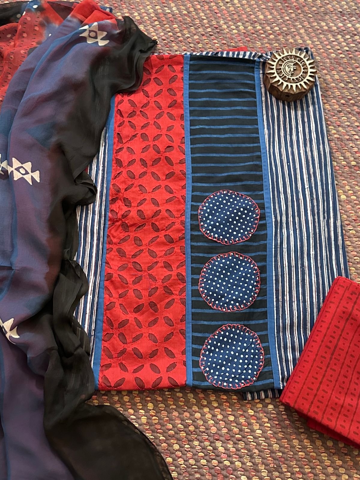 Pure Cotton Patch work Unstitched Set with pure chiffon Dupatta