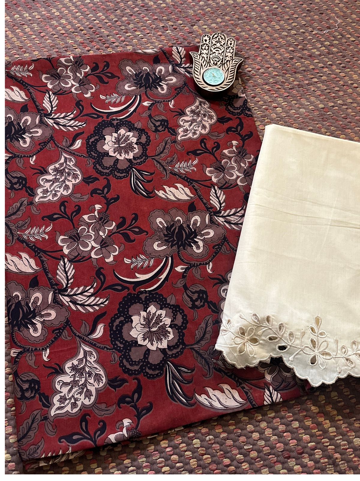 Pure Cotton Malmal Handblocked Fabric with Cutwork Bottom