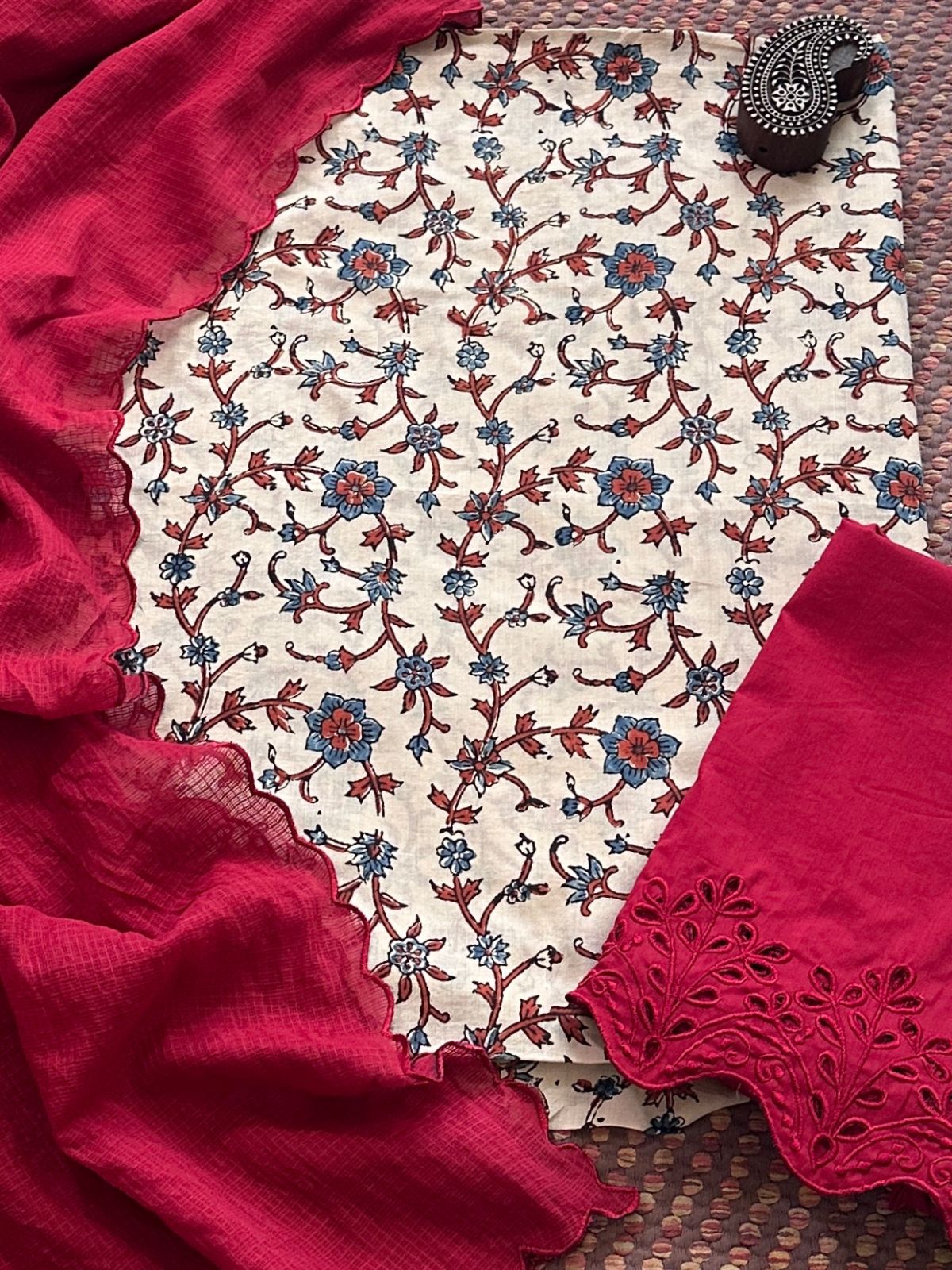 Pure Cotton Malmal  Ajrakh Fabric with Exclusive Cutwork Bottom & Kota Doria Dupatta