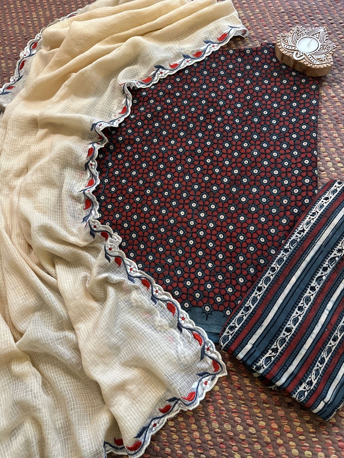 Ajrakh Cotton Malmal Unstitched Set with Embroidered Kota Dupatta
