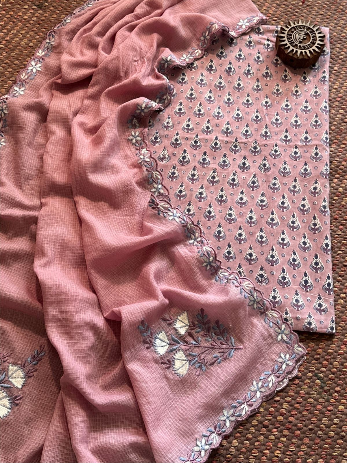 Pure Cotton Handblock Fabric with Exclusive Embroidered Dupatta