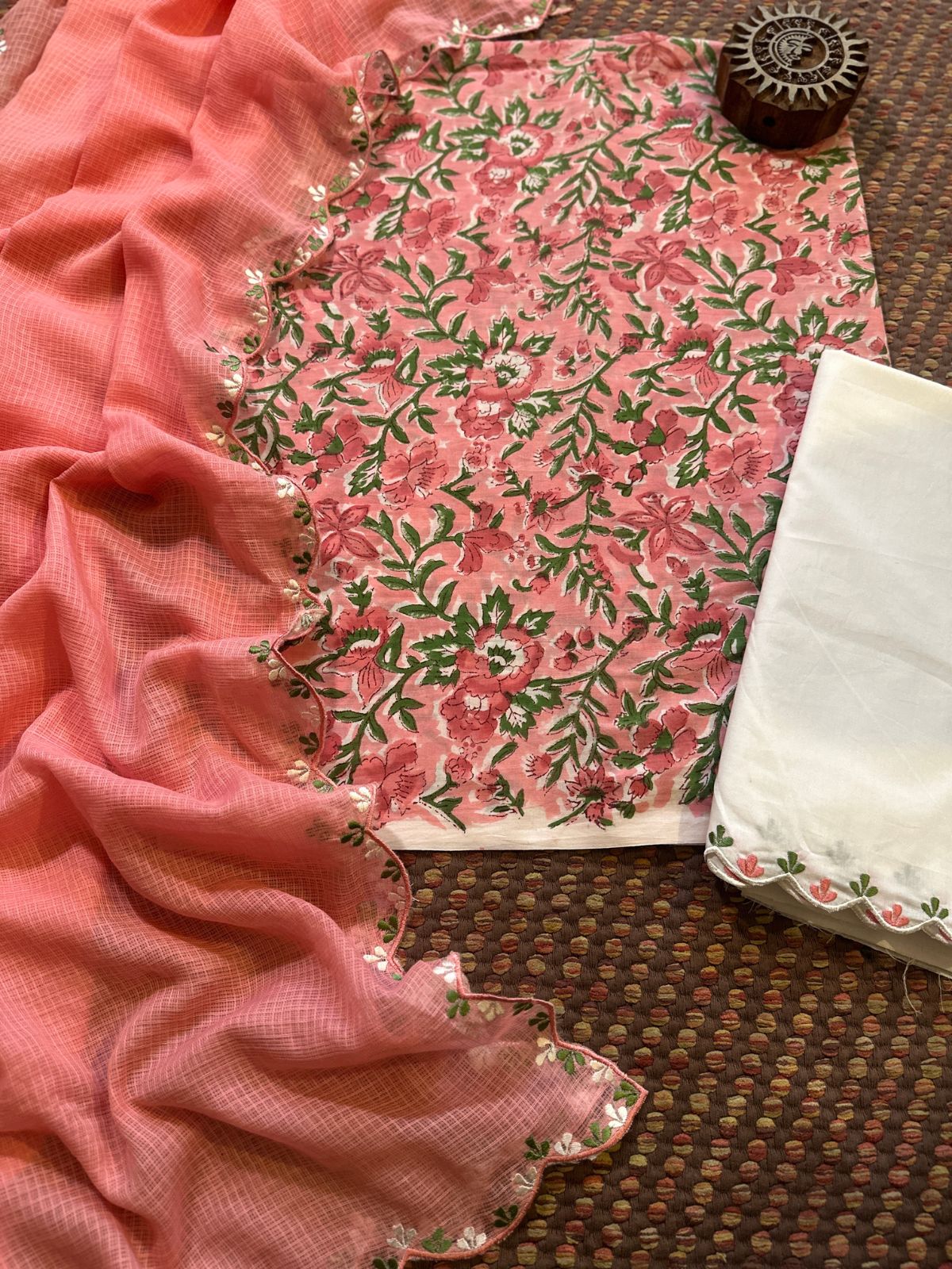 Pure Cotton Hand blocked Set with Embroidered Dupatta