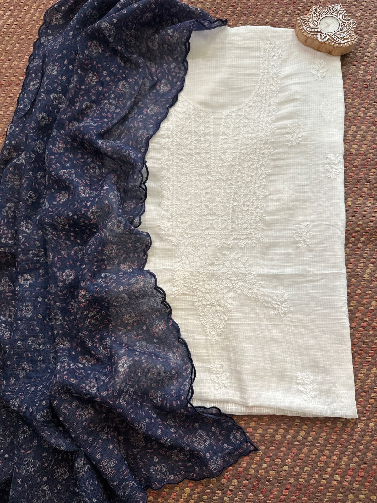 Chikankari Hand Embroidered Fabric with Indigo Hadblocked Kota Dupatta