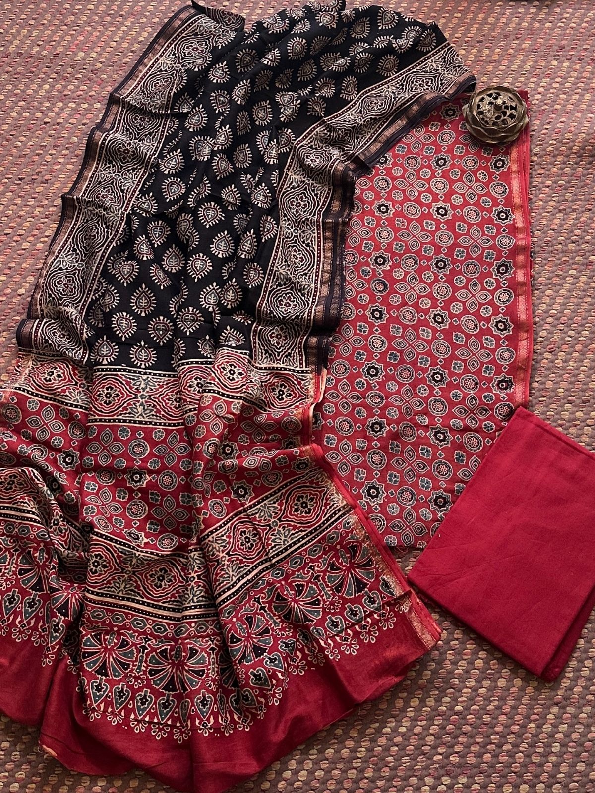 Hand-blocked Ajrak Maheswari Silk Unstitched Set