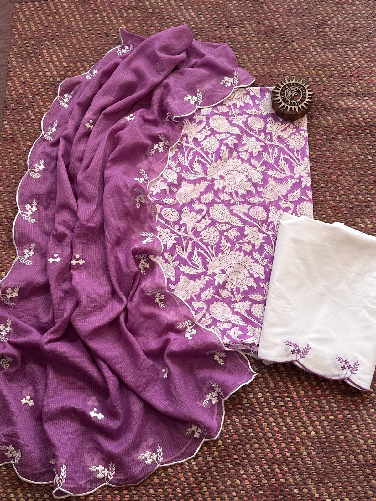 Pure Cotton Hand-block Fabric with Embroidered Bottom & Kota Doria Dupatta