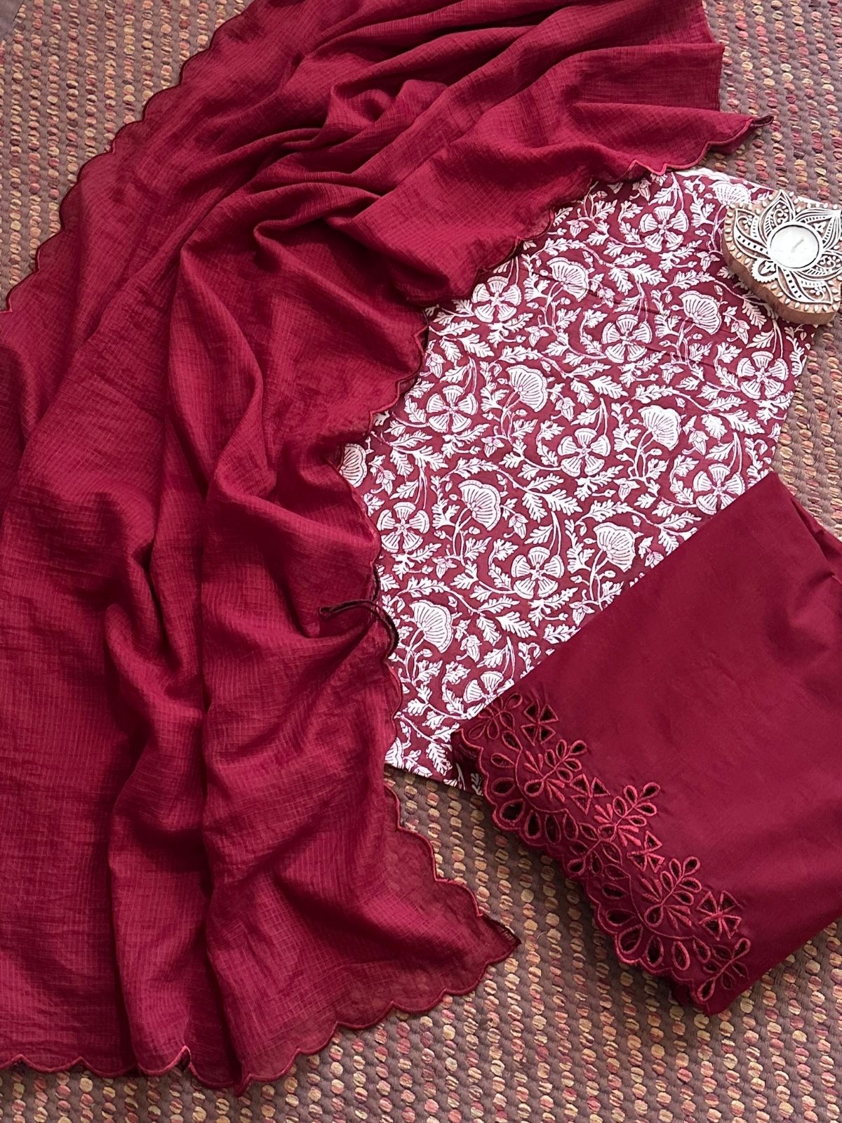Pure Cotton Hand-blocked Fabric with Cutwork Bottom & Kota Doria Dupatta
