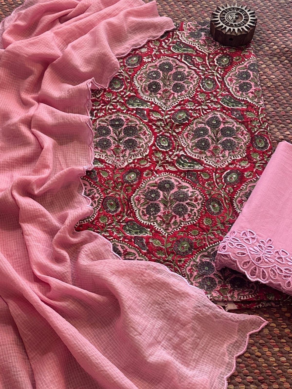 Pure Taj Cotton Hand-blocked Fabric with Cutwork Bottom & Kota Doria Dupatta