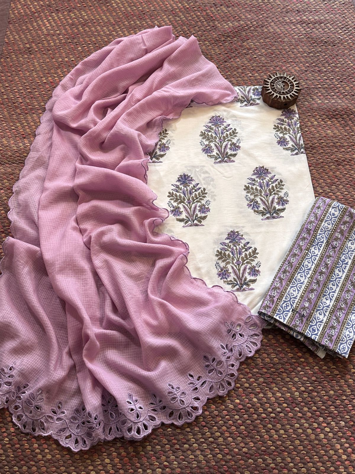 Pure Cotton Hand-block Fabric Set with Embroidered Kota Doria Dupatta