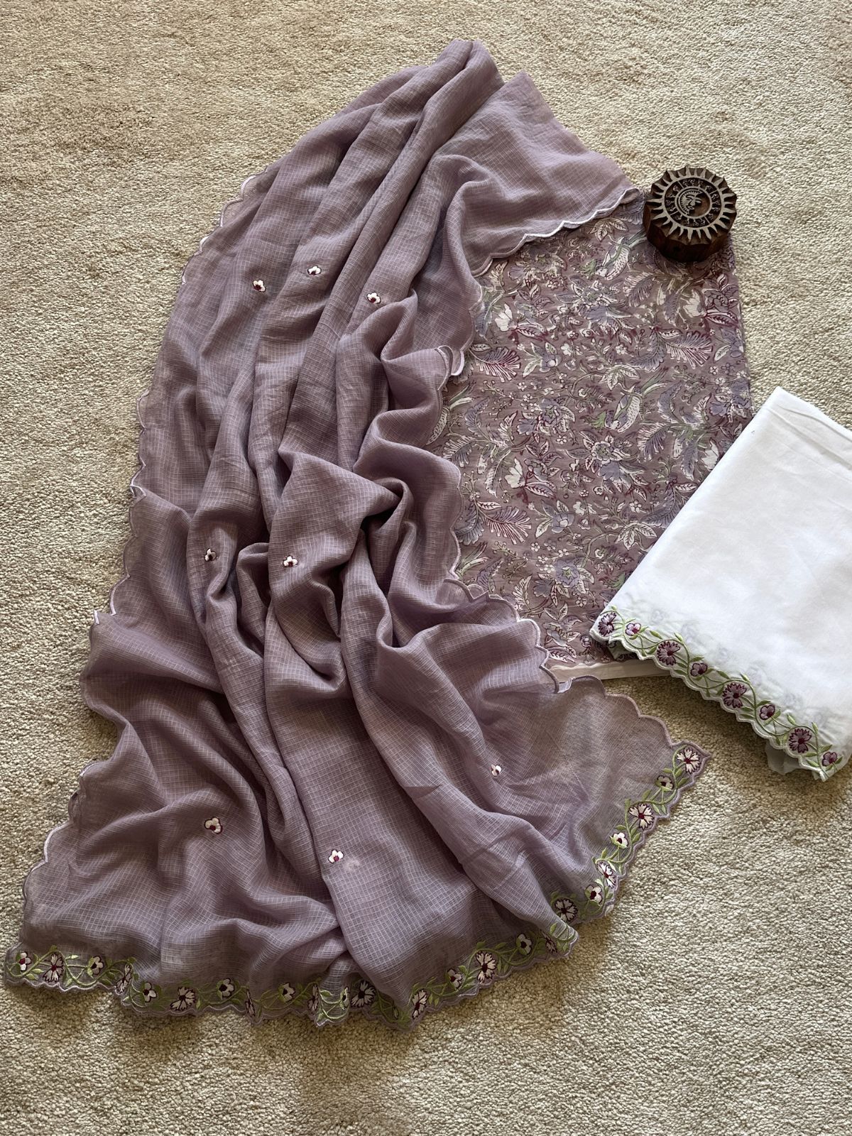 Sandhya Set- Sanganeri Kurta fabric with Embroidered Bottom and Dupatta