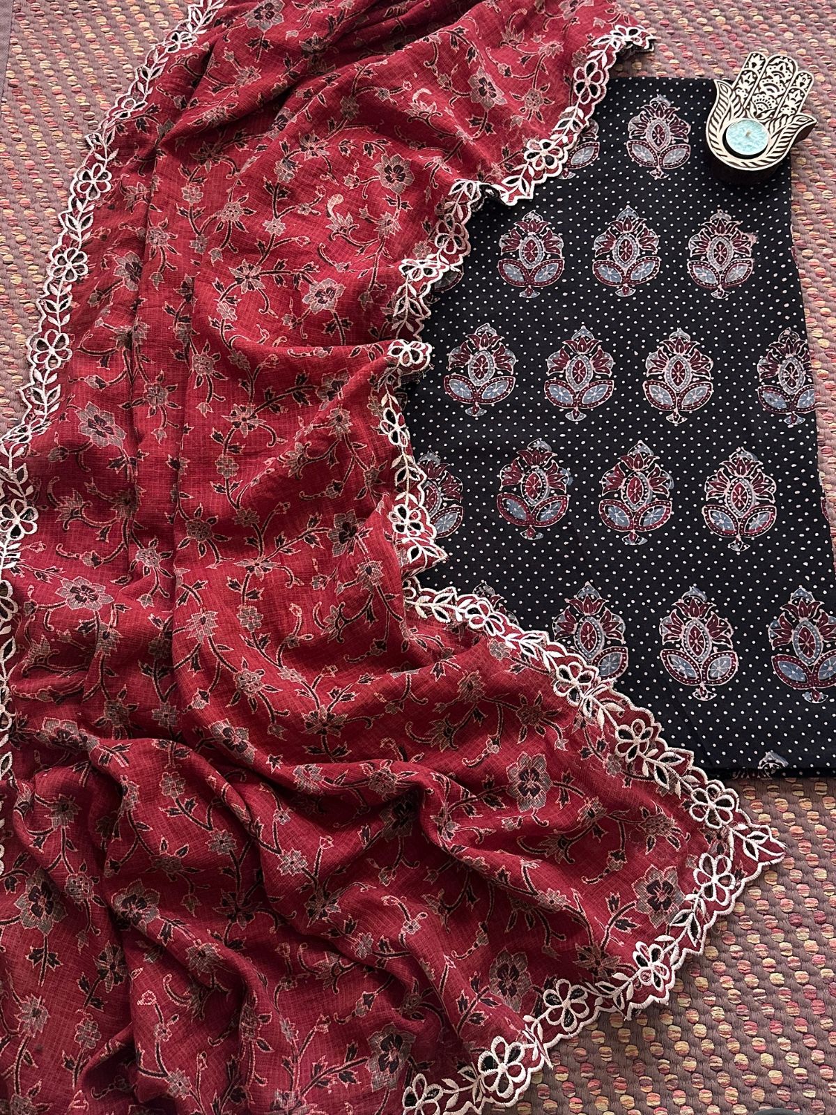 Pure Cotton Malmal Handblock Fabric in Ajrak with Cutwork Embroidered Dupatta