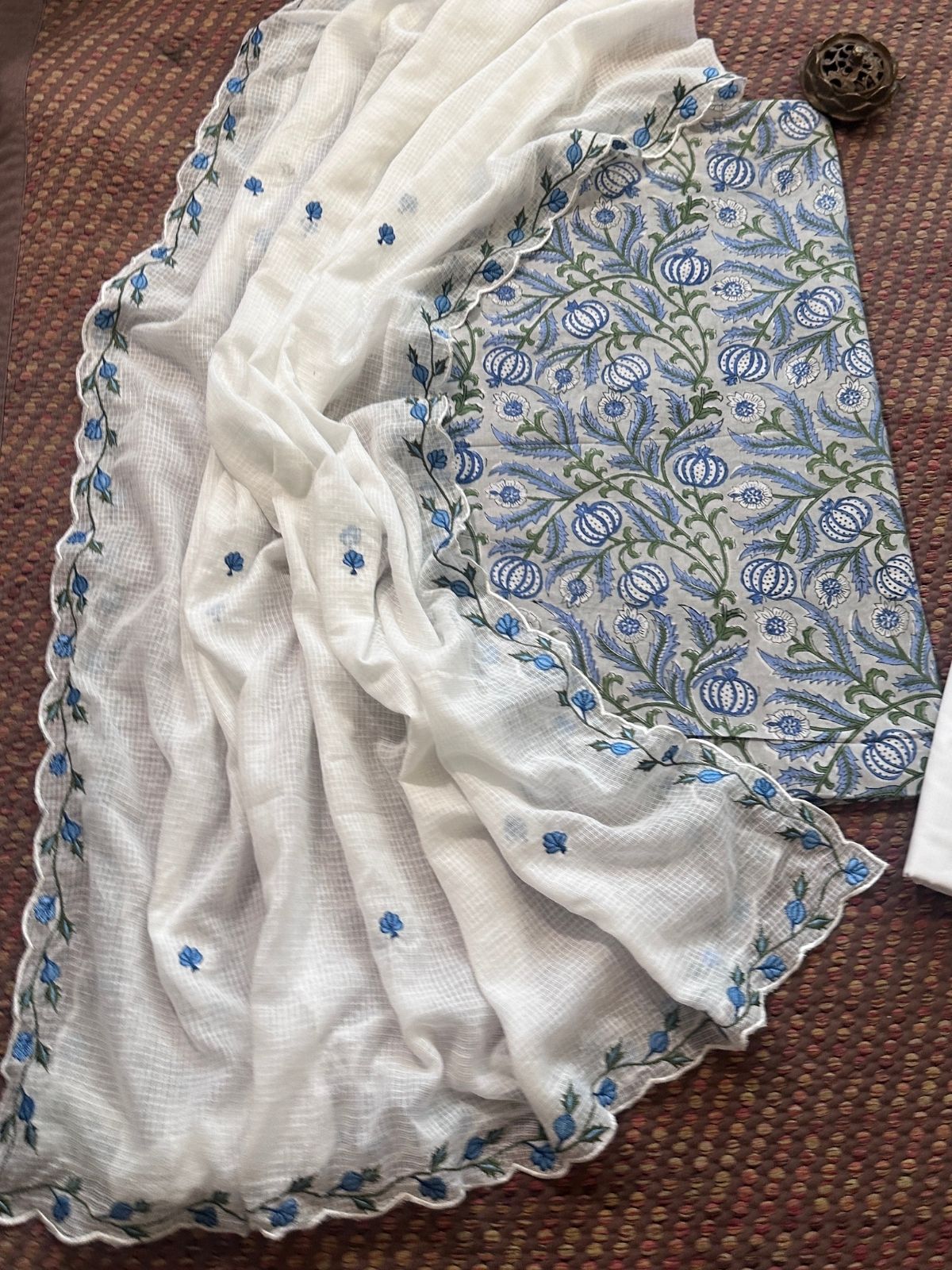 Pure Cotton Hand-blocked fabric set with Embroidered Dupatta