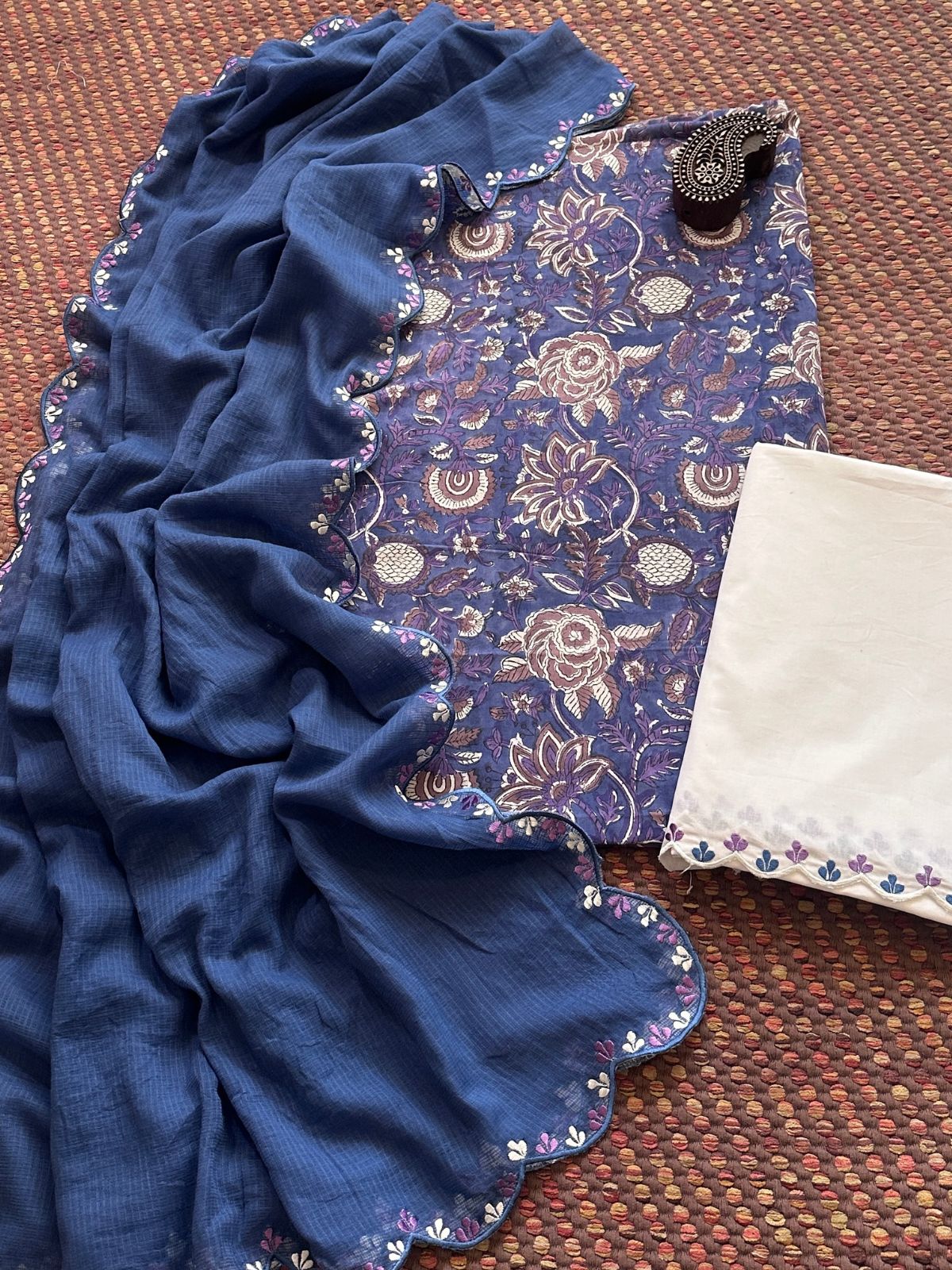 Pure Cotton Hand-block Fabric with Exclusive Embroidered Bottom & Kota Doria Dupatta