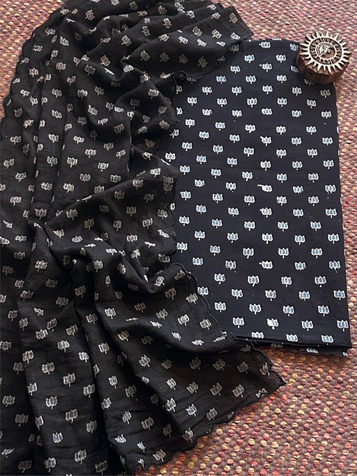 Ajrakh Cotton Malmal Handblocked Set- Top & Dupatta