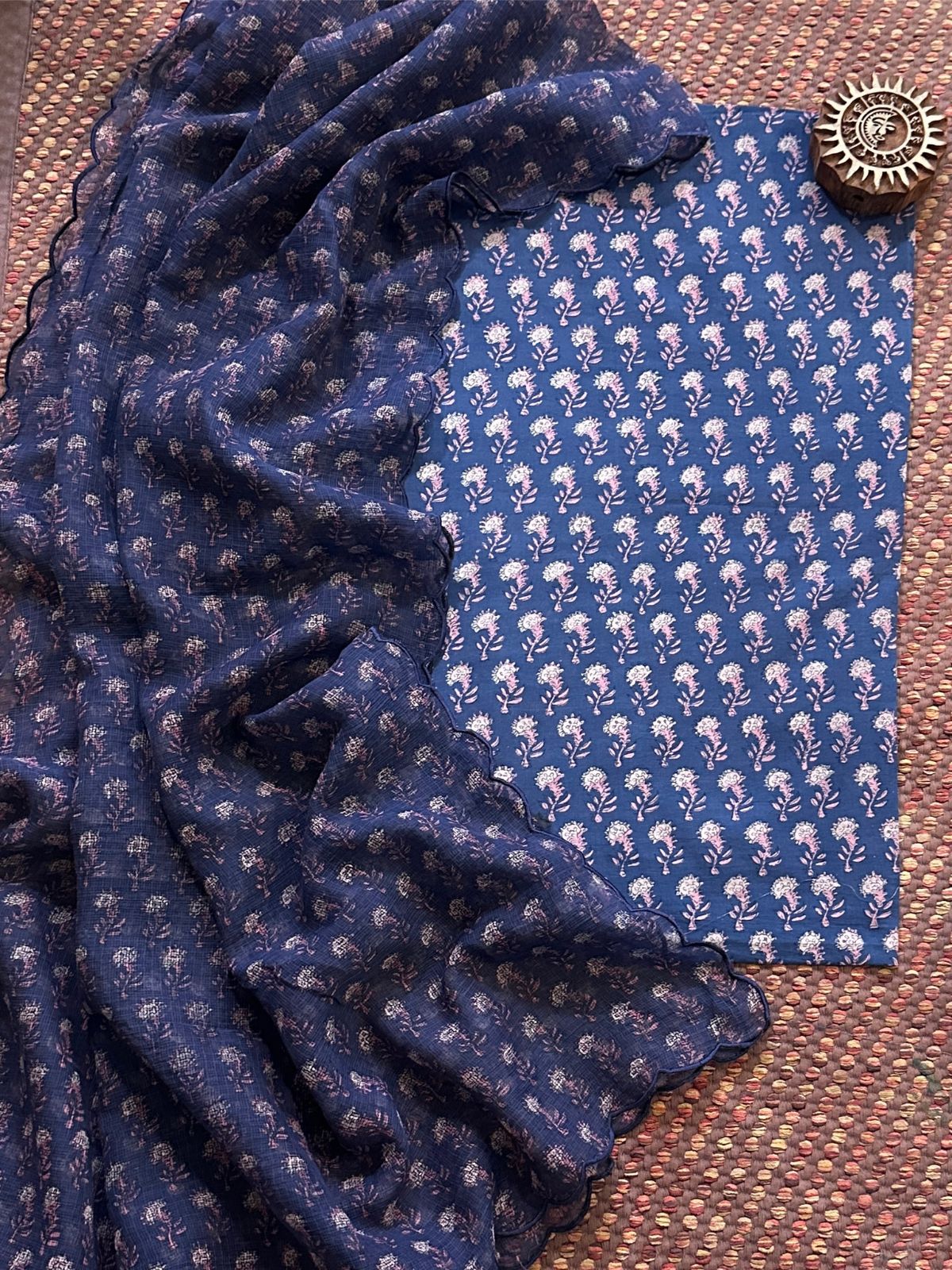 Indigo Pure Cotton Handblocked Fabric with Kota Doria Dupatta Set