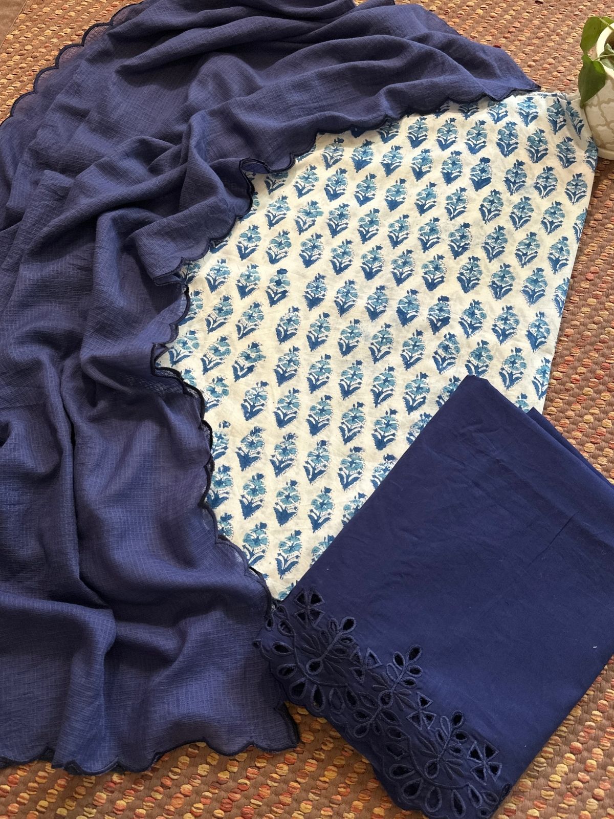 Pure Cotton Hand-blocked Fabric with Cutwork Bottom & Kota Doria Dupatta