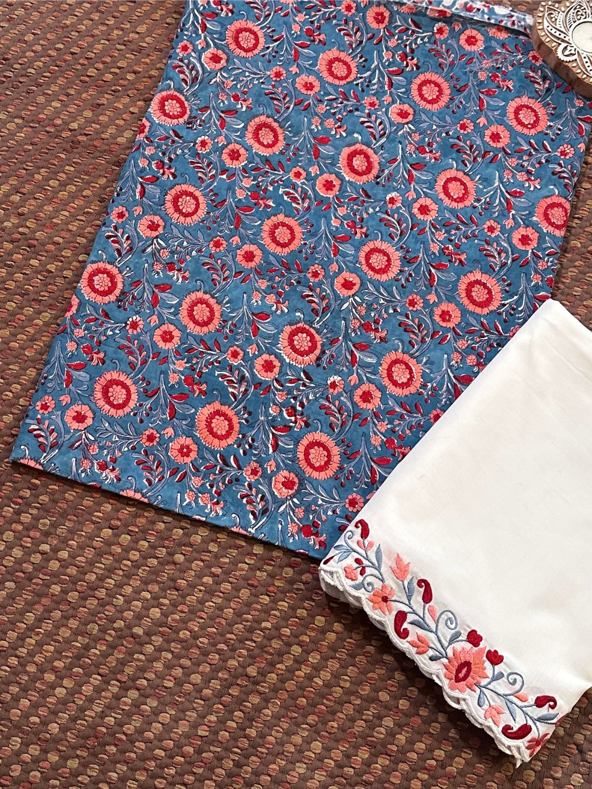 Pure Cotton Hand-block Fabric with Embroidered Bottom & Kota Doria Dupatta