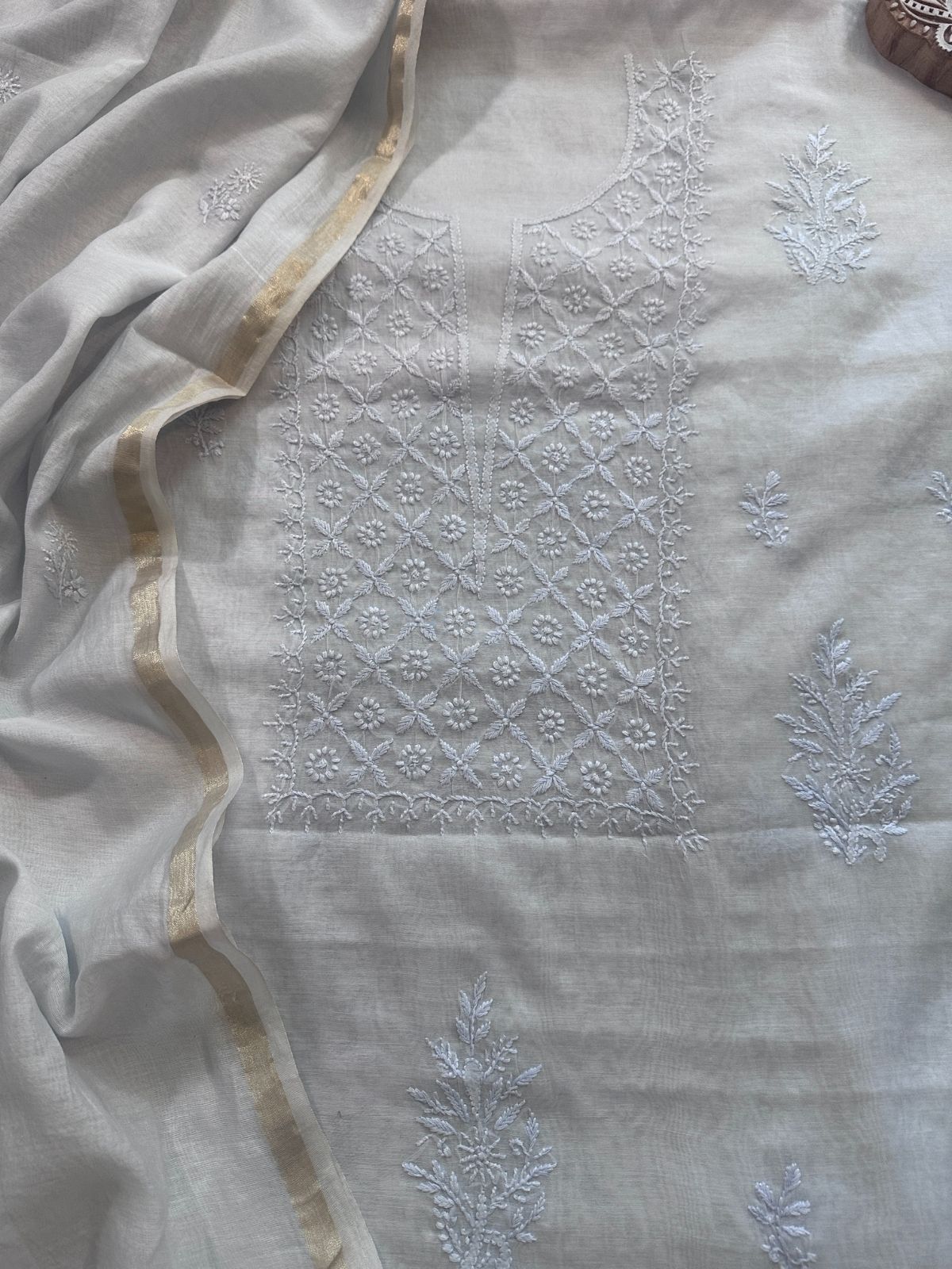 Premium Powder Blue Shade Malmal Maheswari Chikankari Set