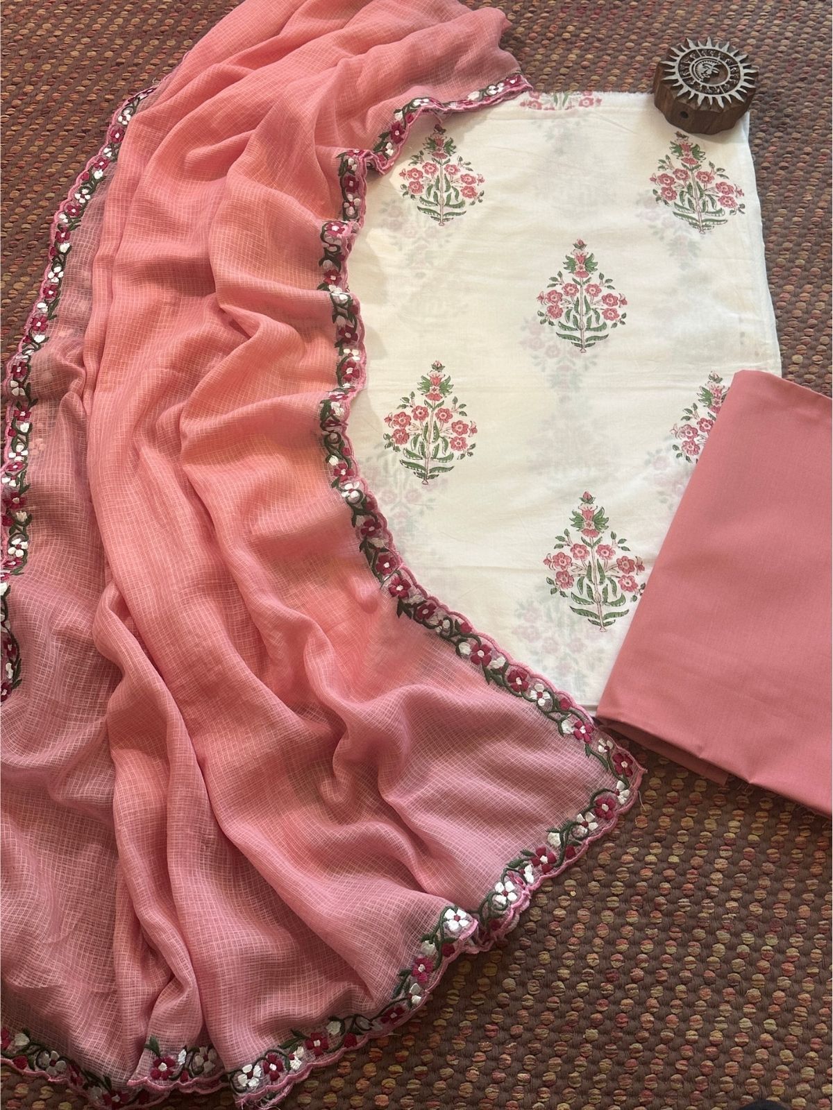 Pure Cotton Hand-blocked fabric set with Embroidered Dupatta