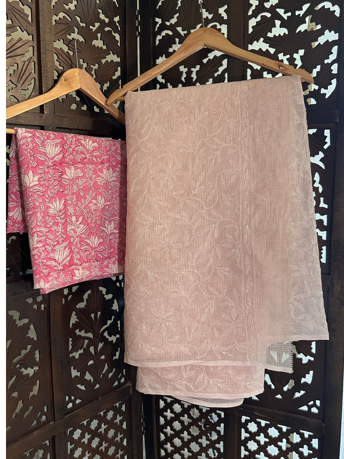 Mild Pink Chikankari Hand Embroidered Saree with blouse fabric