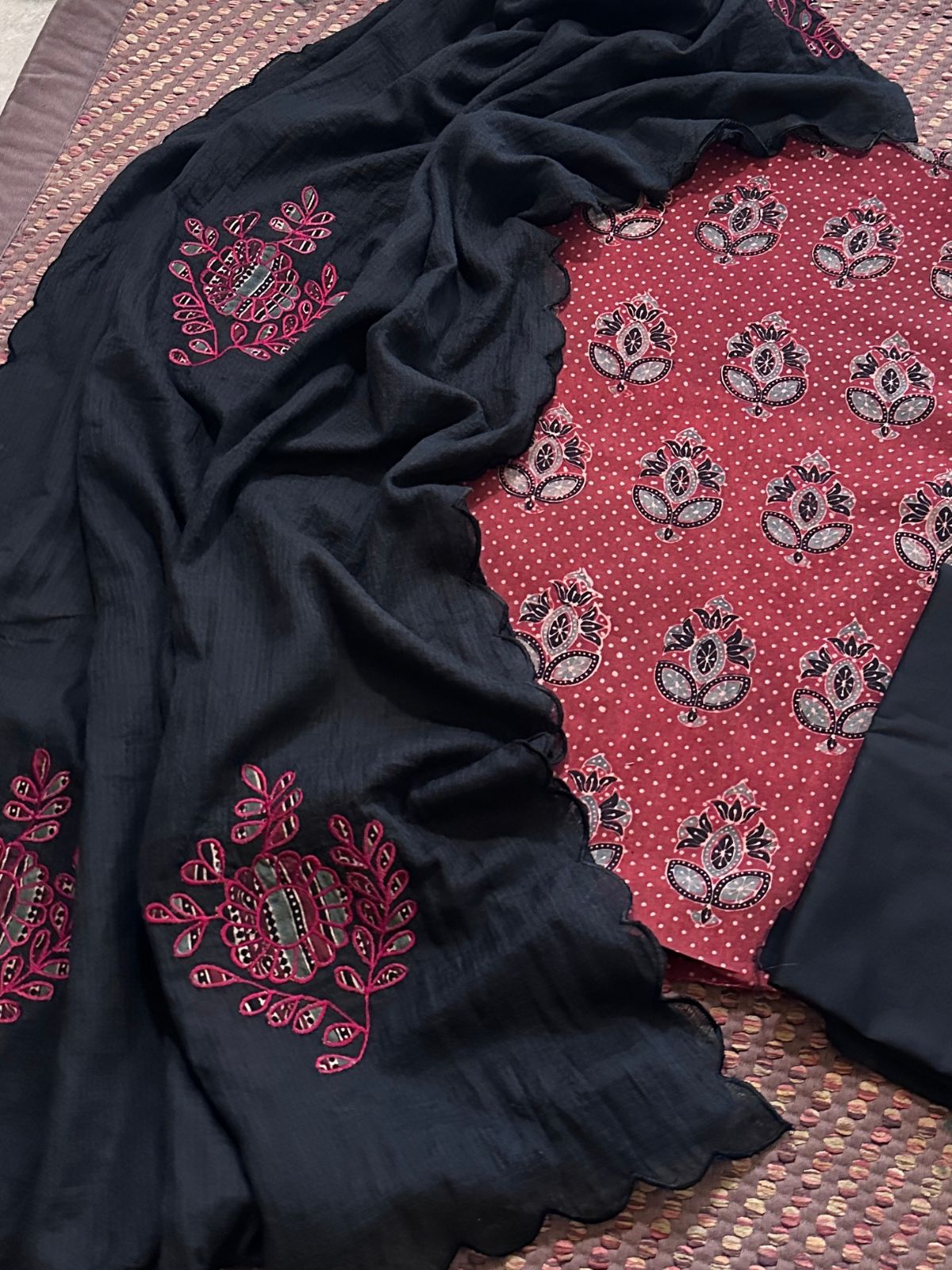 Ajrakh Cotton Malmal Unstitched Set with Applique Kota Dupatta