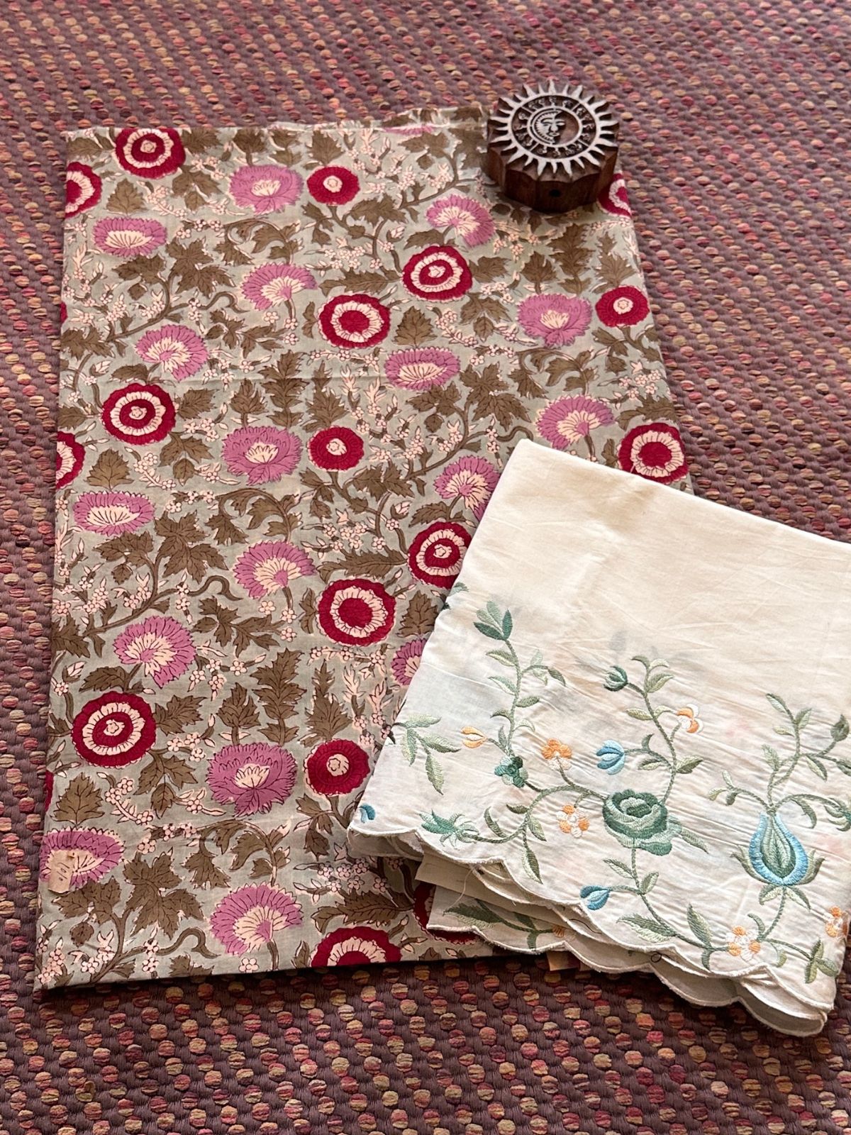 Pure Cotton Hand-blocked Fabric with Embroidered Bottom