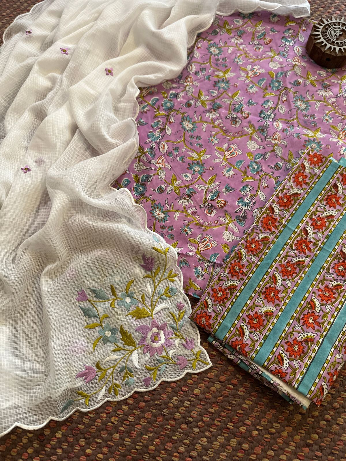 Pure Cotton Malmal Handblock Fabric with Embroidered Dupatta