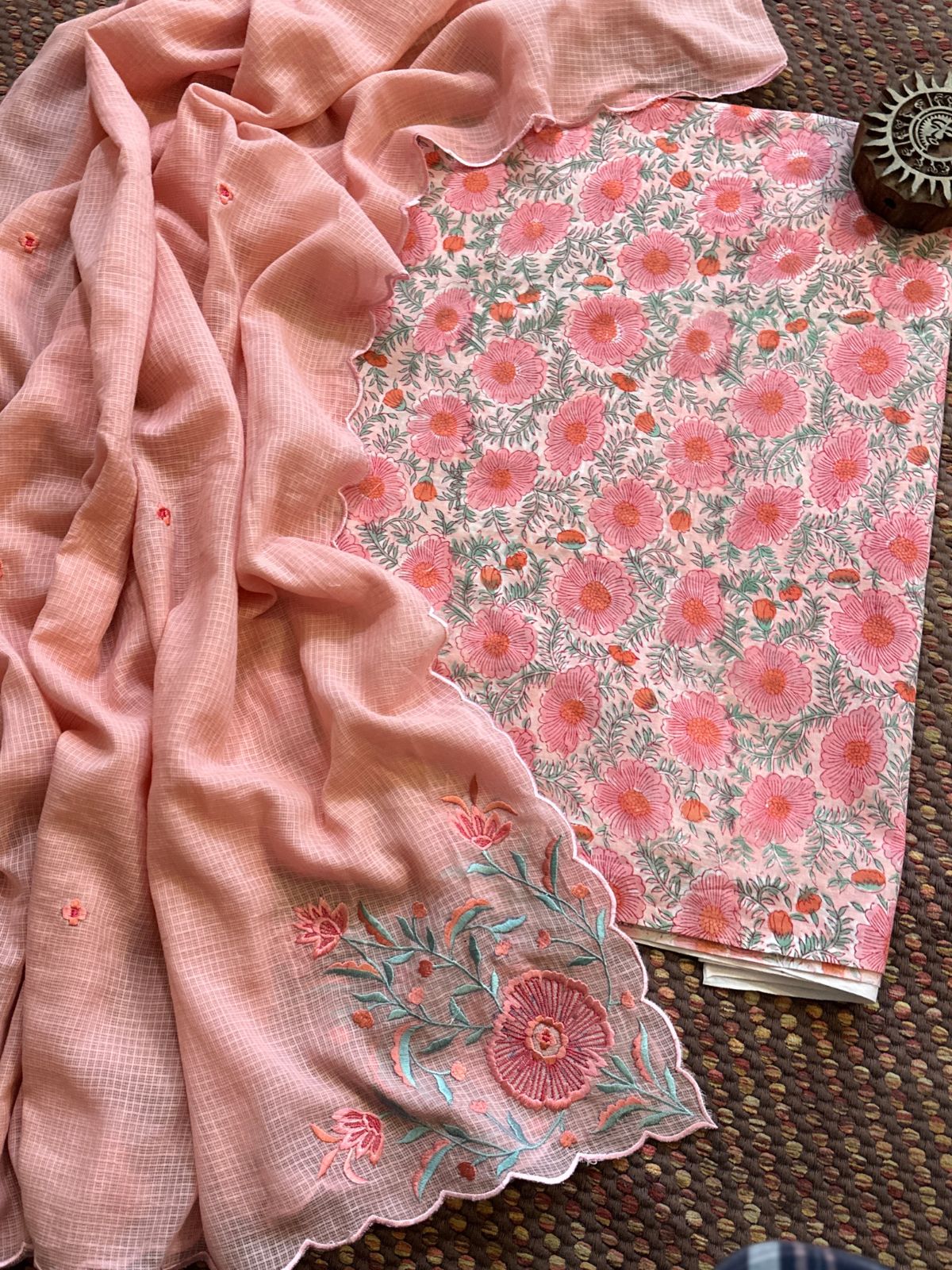 Pure Cotton Hand-blocked fabric set with Embroidered Dupatta