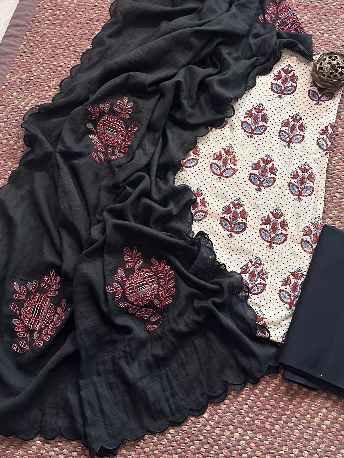 Ajrakh Cotton Malmal Unstitched Set with Applique Kota Dupatta