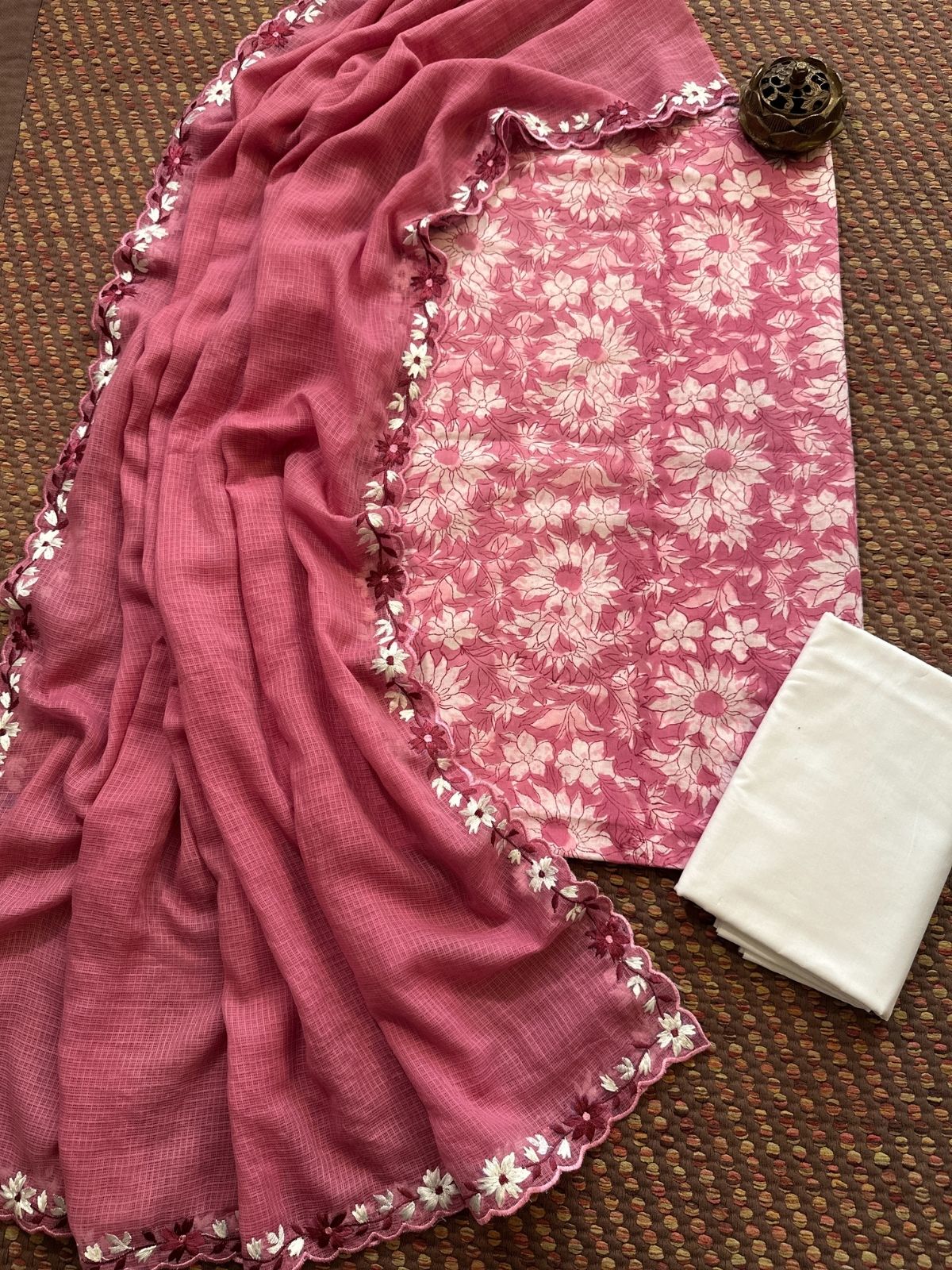 Pure Cotton Hand-blocked fabric set with Embroidered Dupatta