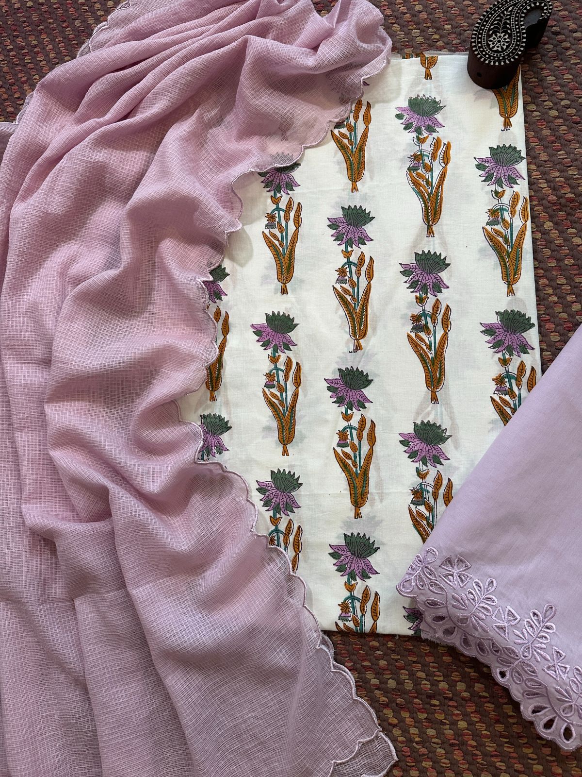 Pure Cotton Malmal Hand-blocked Fabric with Cutwork Bottom & Kota Doria Dupatta