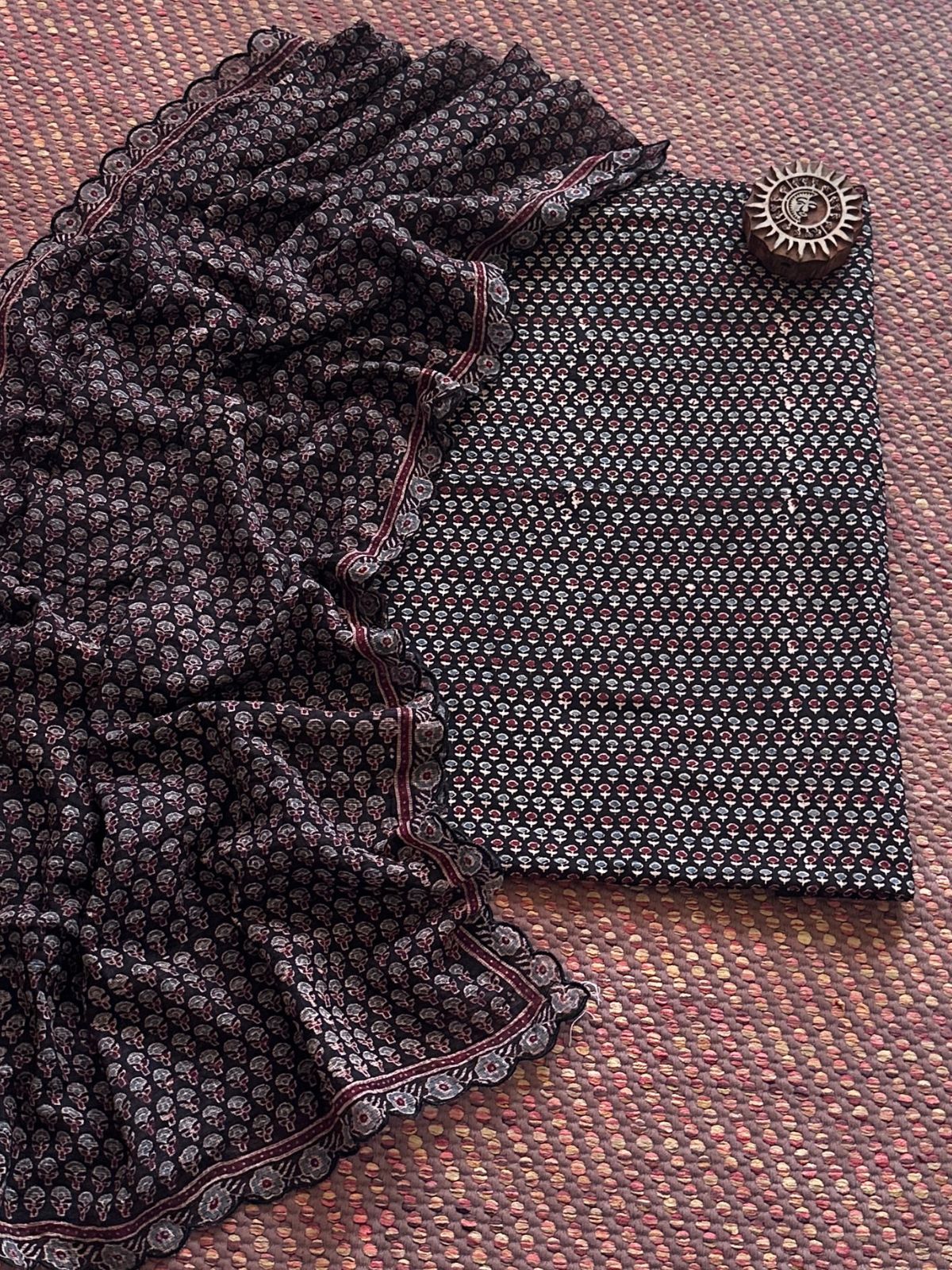 Ajrakh Cotton Malmal Handblocked Set- Top & Dupatta