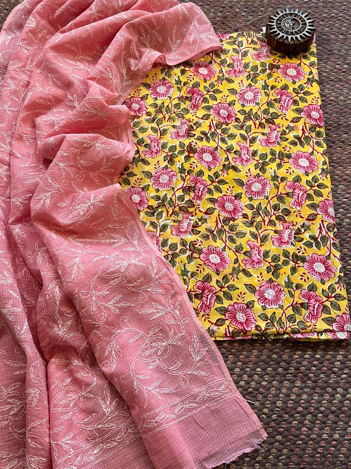 Pure Cotton Hand Blocked Fabric with Chikankari Dupatta