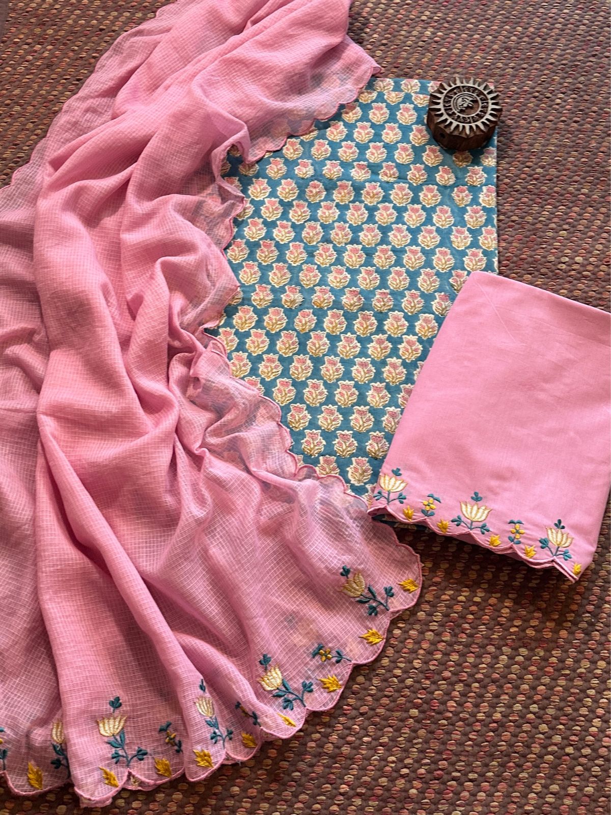 Pure Cotton Hand-block Fabric with Embroidered Bottom & Kota Doria Dupatta