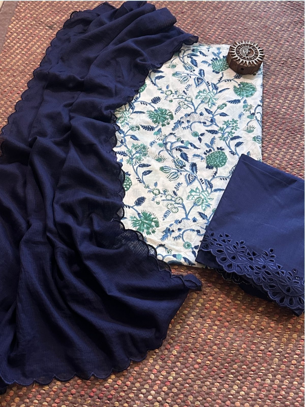 Pure Cotton Hand-blocked Fabric with Cutwork Bottom & Kota Doria Dupatta
