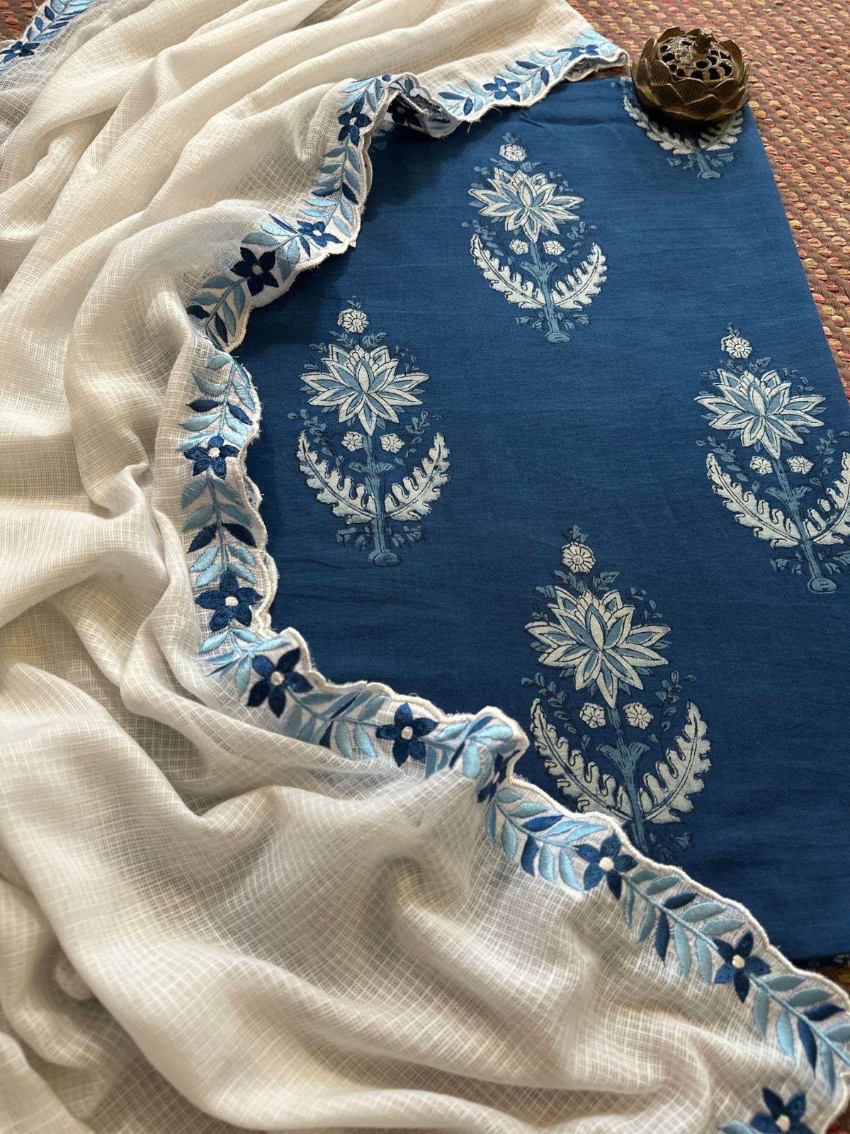 Pure Cotton Hand-blocked Set with Embroidered Dupatta