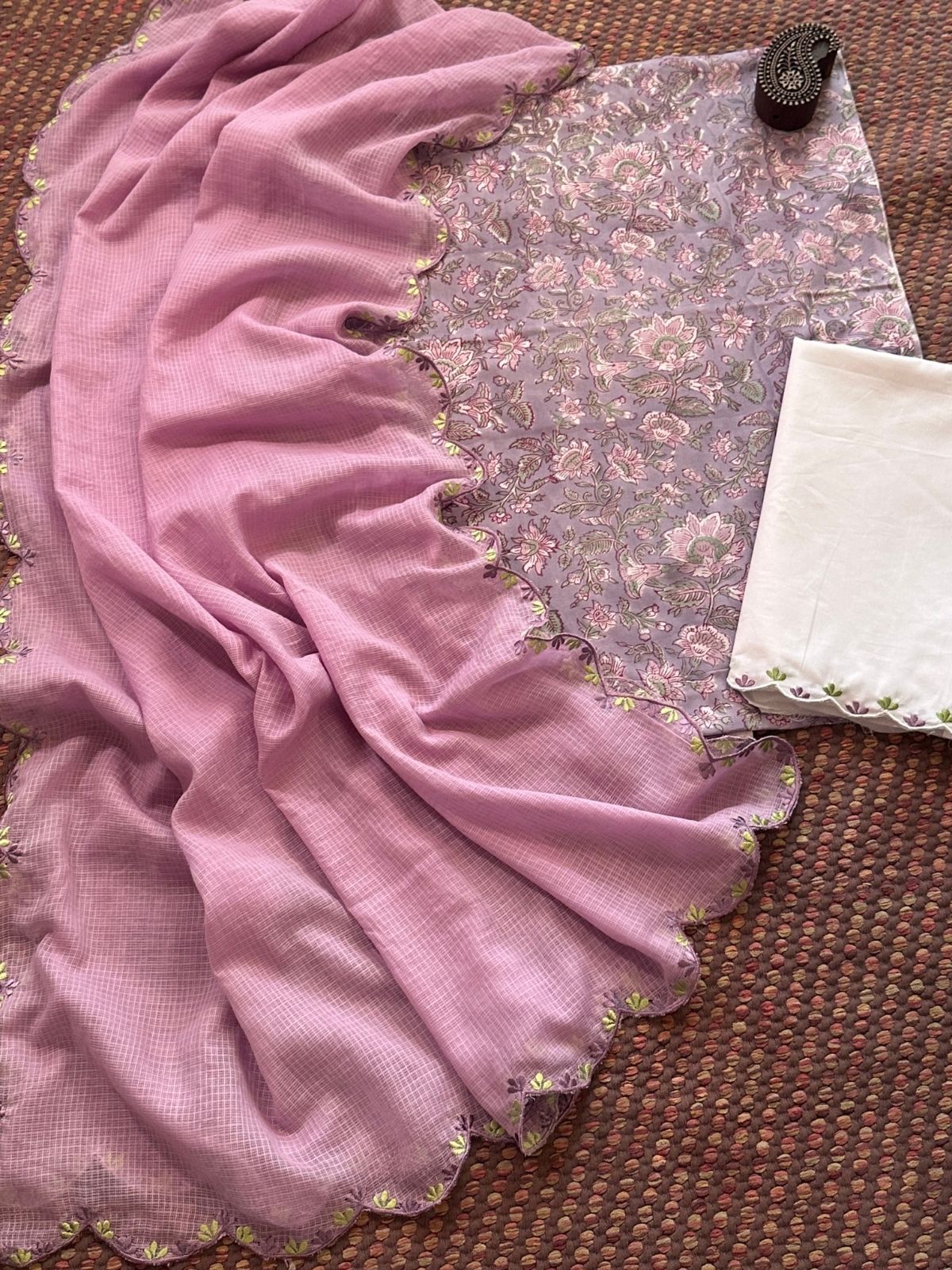 Pure Cotton Hand-block Fabric with Exclusive Embroidered Bottom & Kota Doria Dupatta