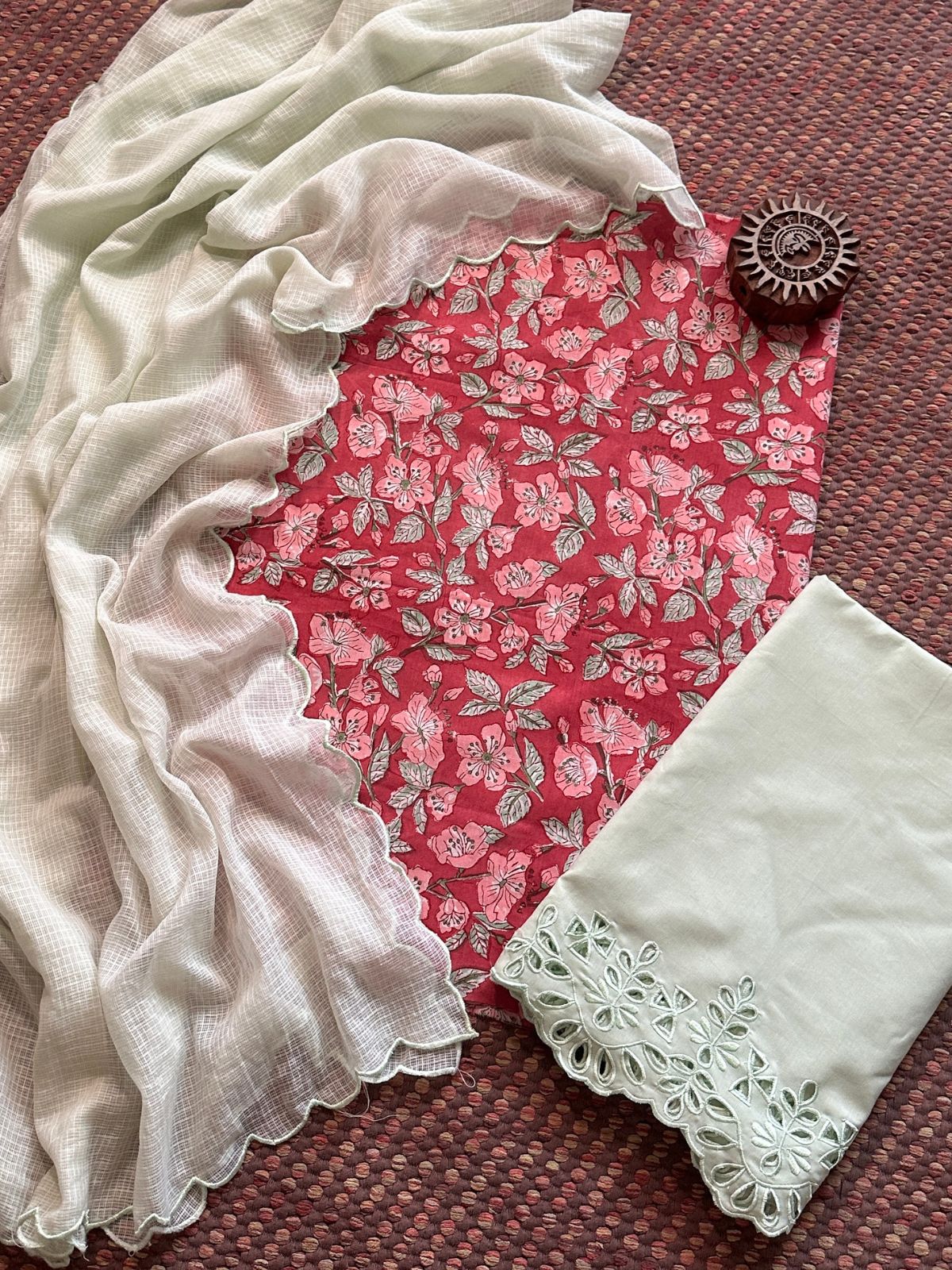 Pure Cotton Hand-blocked Fabric with Cutwork Bottom & Kota Doria Dupatta