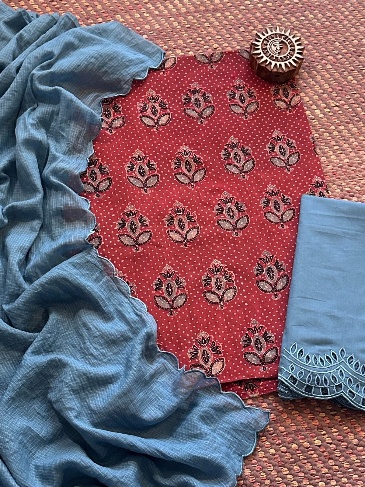 Pure Cotton Mul Ajrak with Scalloped Dupatta & Cutwork Bottom
