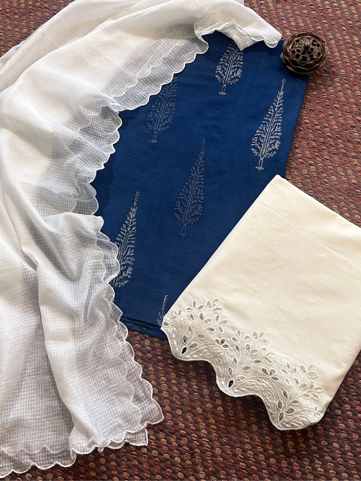 Pure Cotton Hand-blocked Indigo Fabric with Cutwork Bottom & Kota Doria Dupatta