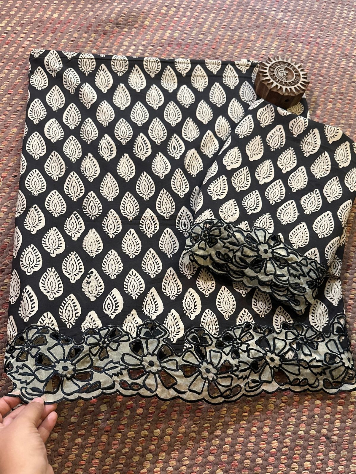 Pure Cotton Hand-blocked Coord Set with Cutwork on Organza Patch Work.