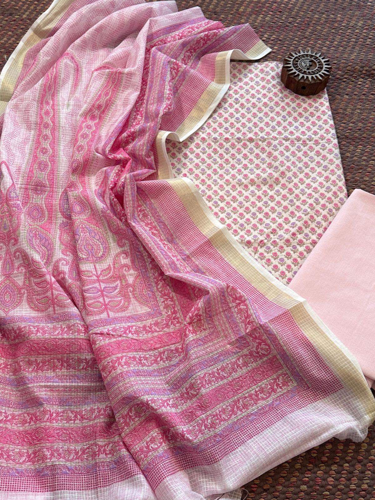 Pure Cotton Unstitched Set with Kota Dupatta