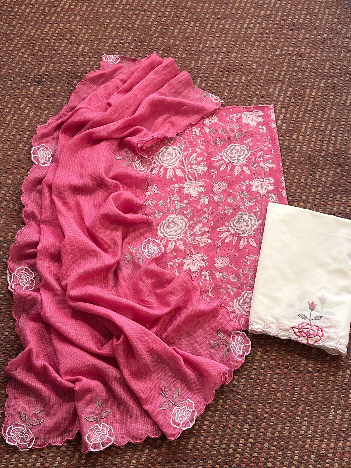 Pure Cotton Hand-block Fabric with Embroidered Bottom & Kota Doria Dupatta