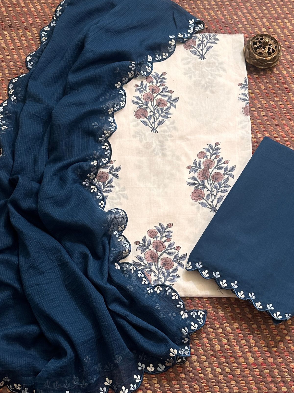 Pure Cotton Handblock Fabric with Exclusive Embroidered Bottom & Kota Doria Dupatta